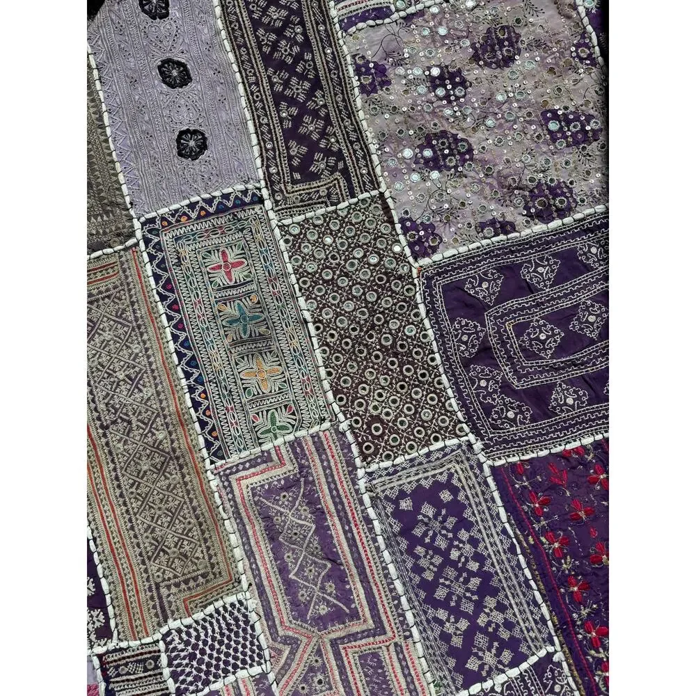 VTG Handmade Indian Patchwork Wall Hanging Rug Mirror Work Embroidered Textile